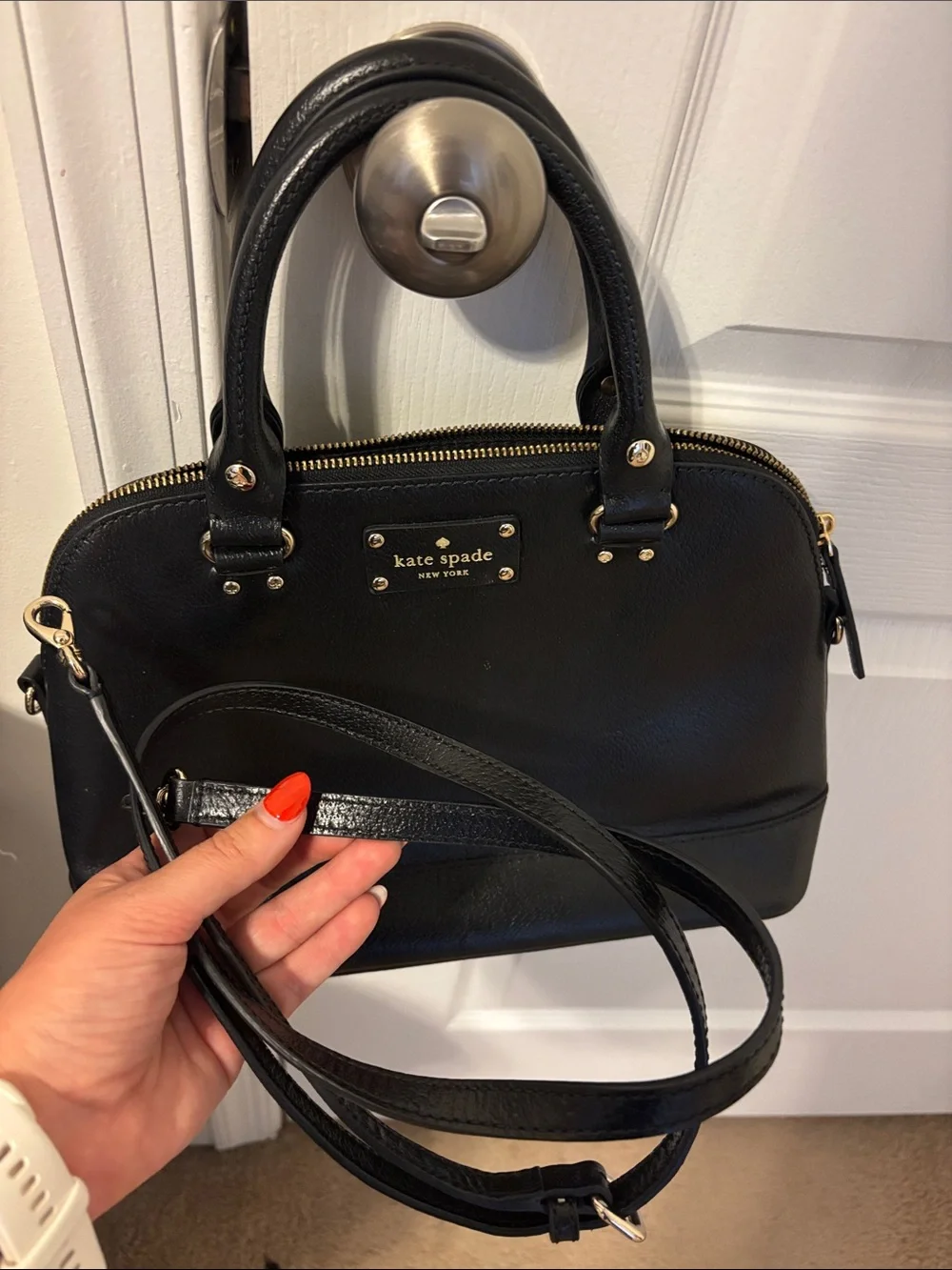 kate spade Black Pebbled Leather Dome Satchel with Gold Hardware